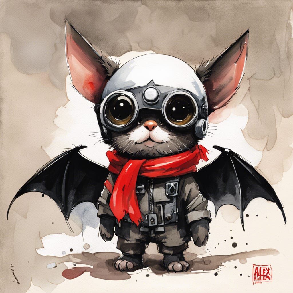 Cute Chibi Bat Pilot in Watercolour Style