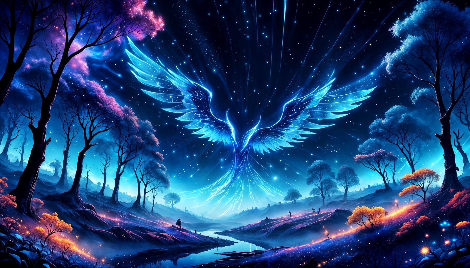 Magical Landscape with Blue Energy Wings
