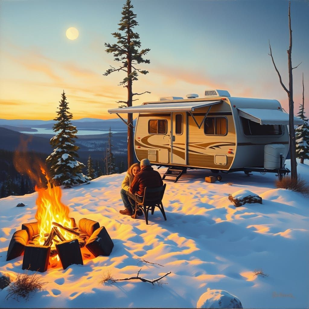 Winter Campers by Firelight in Scenic Landscape