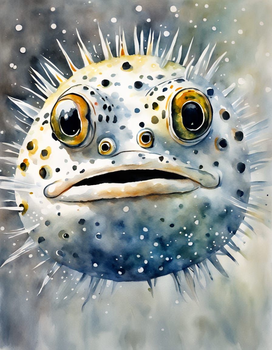 Realistic Watercolour Puffer Fish Portrait in Muted Tones