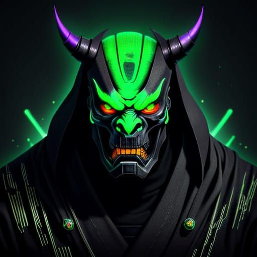 Surreal Green Oni Mask Radiates Neon Energy in Cyberpunk Sty...