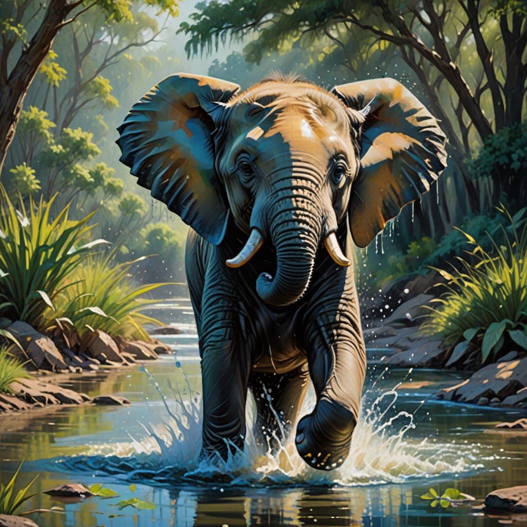 Joyful Baby Elephant Splashing Water in River Oil Painting