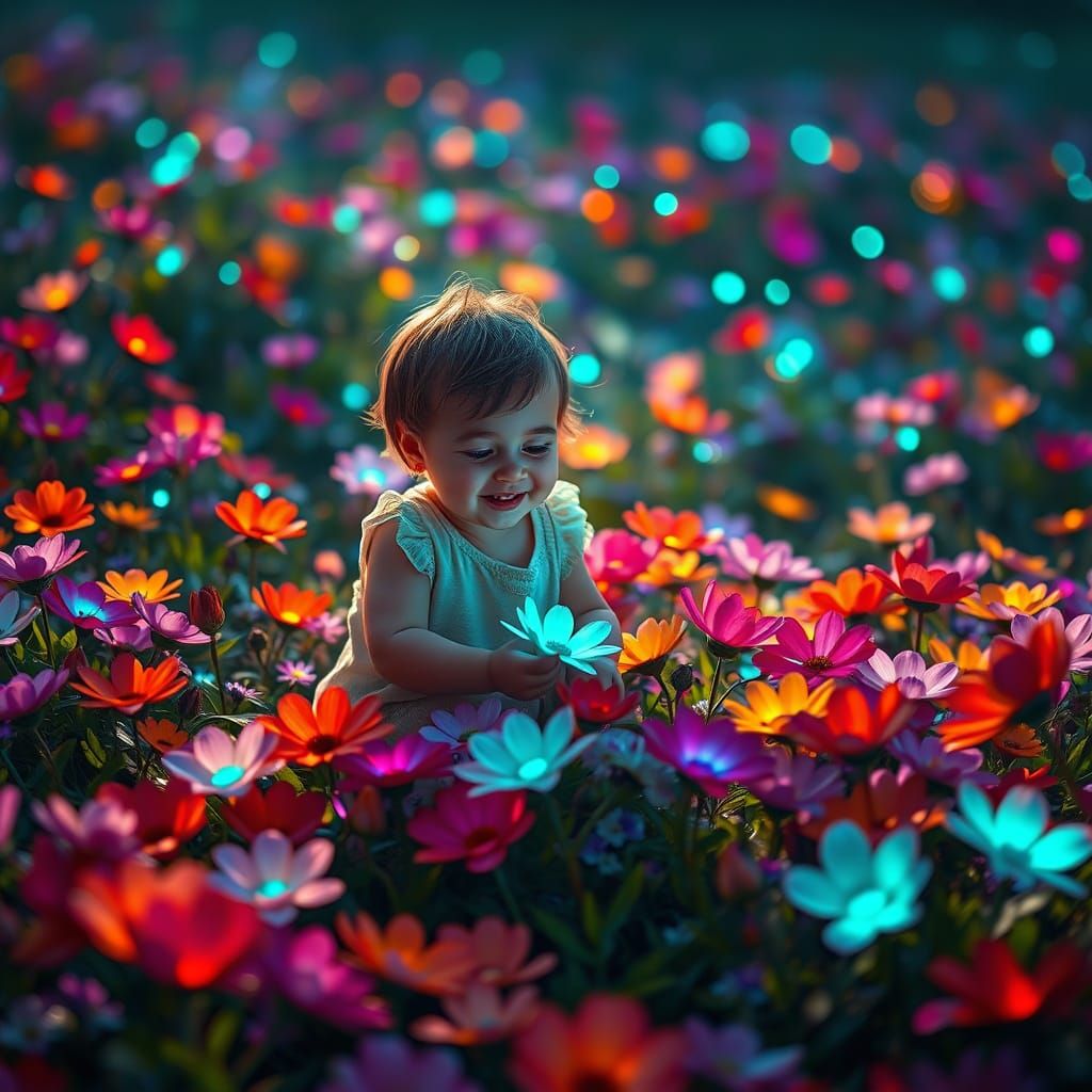 Child Playing Among Magical Glowing Flowers
