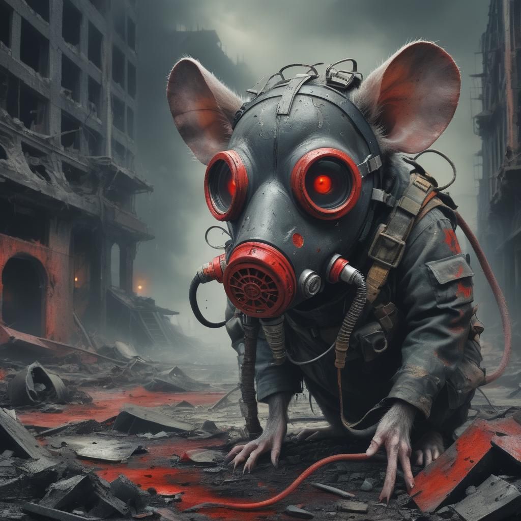 Apocalyptic Rat with Gasmask in Destroyed City