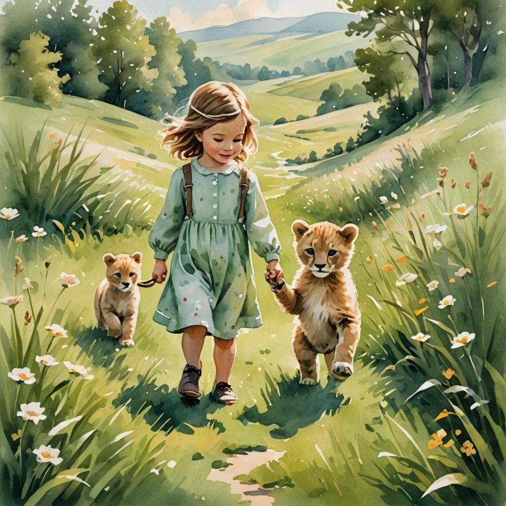 Girl and Cub Stroll: Whimsical Watercolor Illustration