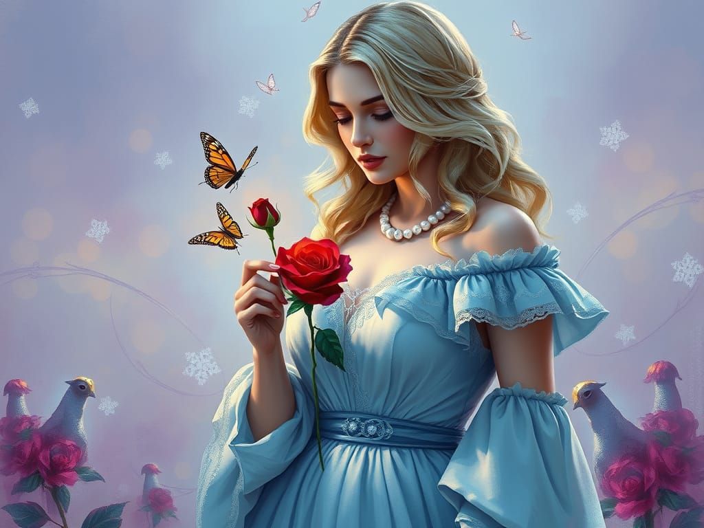 A captivating impressionist portrait depicts a full-figured blonde woman in a pale blue off-shoulder dress, delicately h...