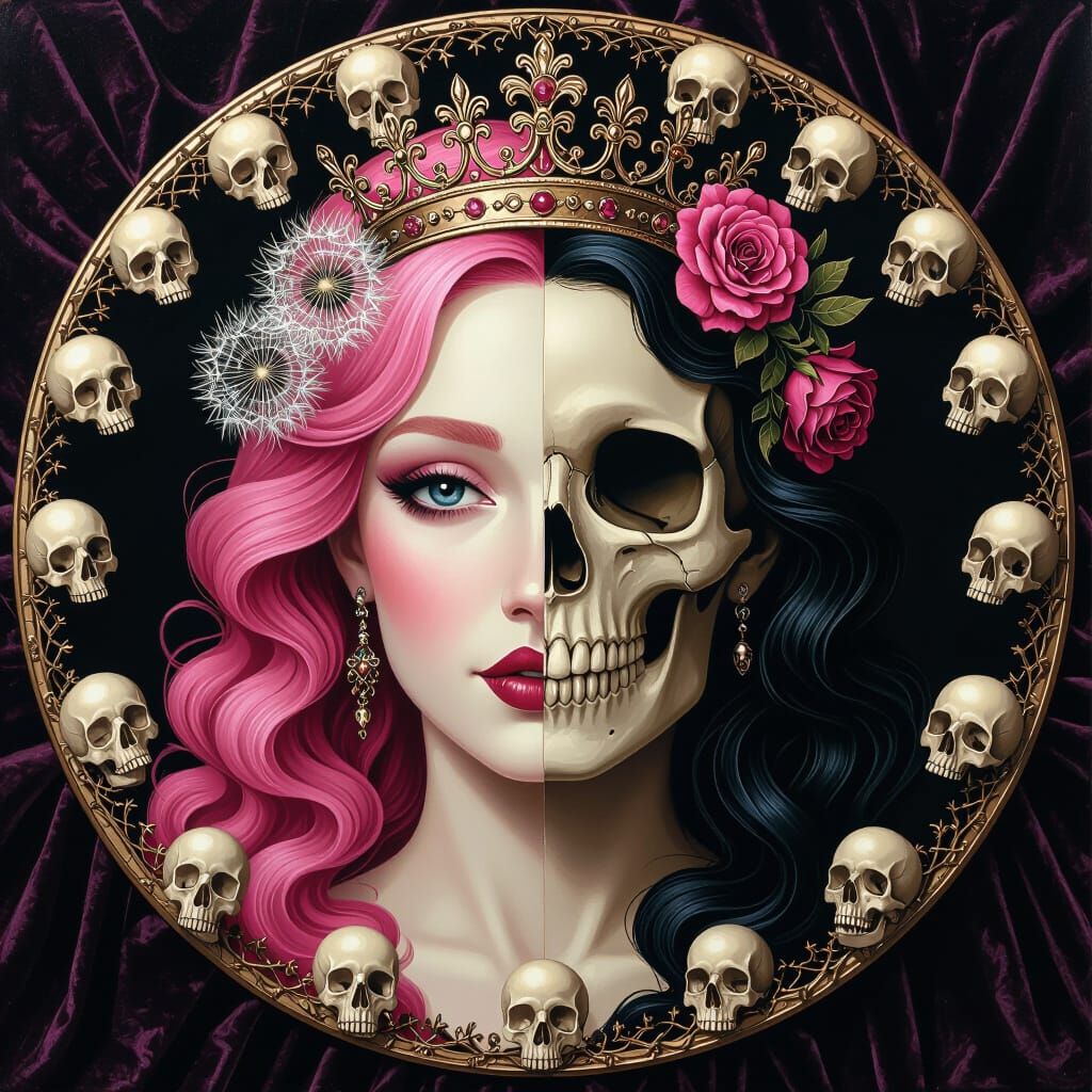 Dual Face Portrait: Persephone and Skull in Baroque Style