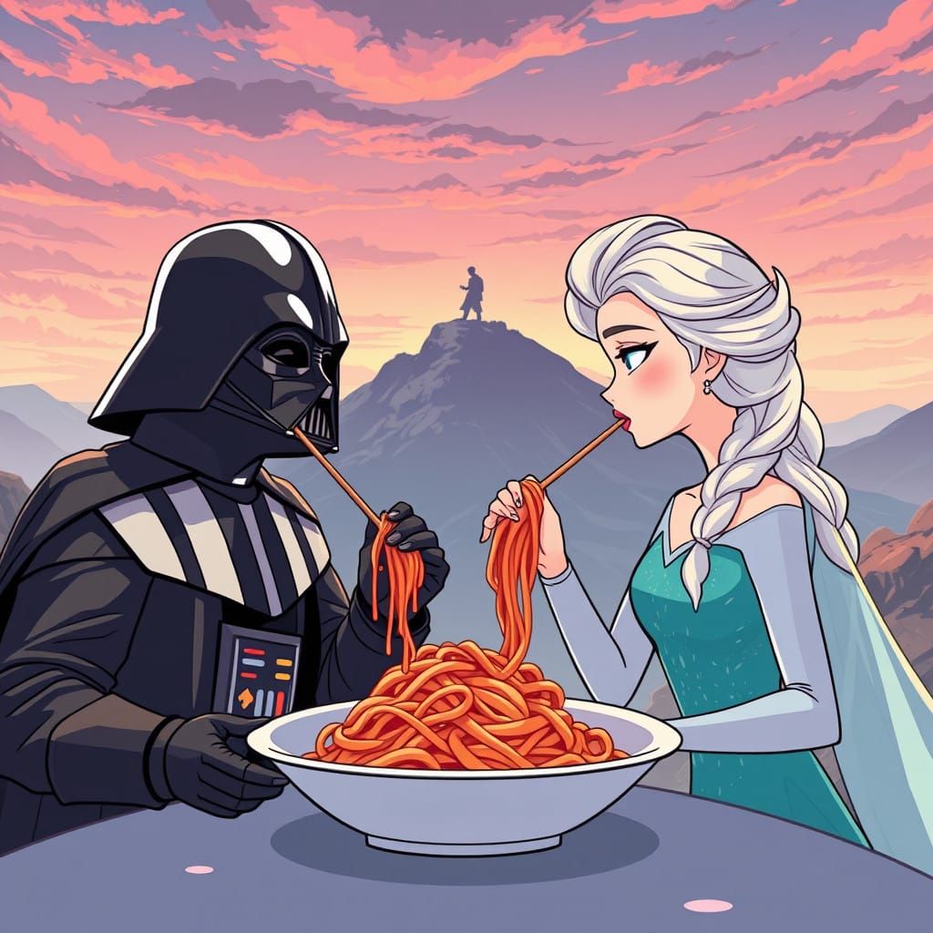 Darth Vader and Princess Elsa's Anime Spaghetti Feast