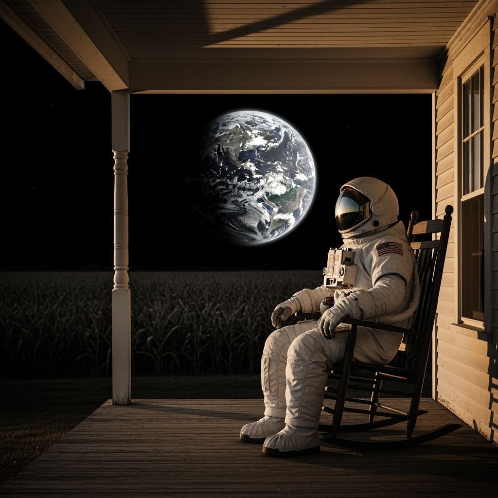 Astronaut on Farmhouse Porch with Earthrise