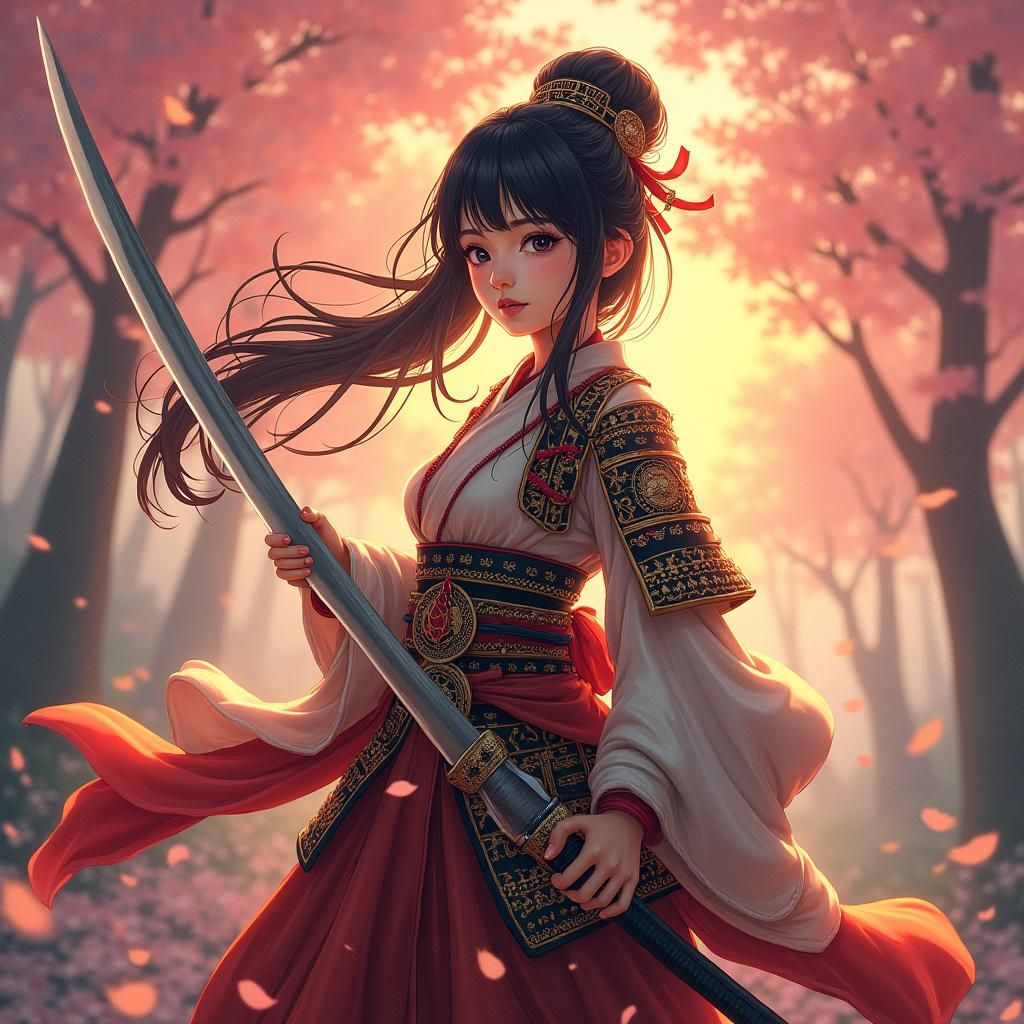 Samurai Girl in Cherry Blossom Forest: Anime Style