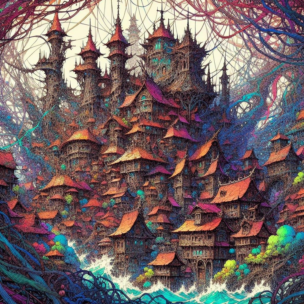 Anime Village Woven Within a Bramble Thicket