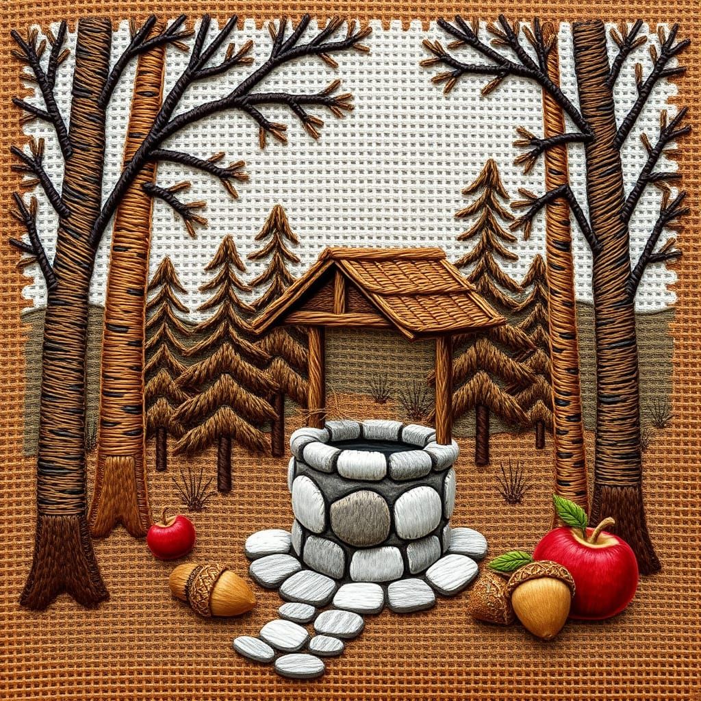 Embroidered Autumn Forest Scene with Wishing Well