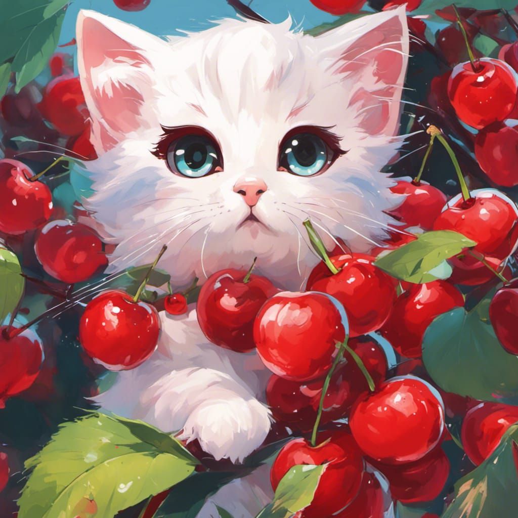Cute Chibi Kitten with Cherries in Anime Style