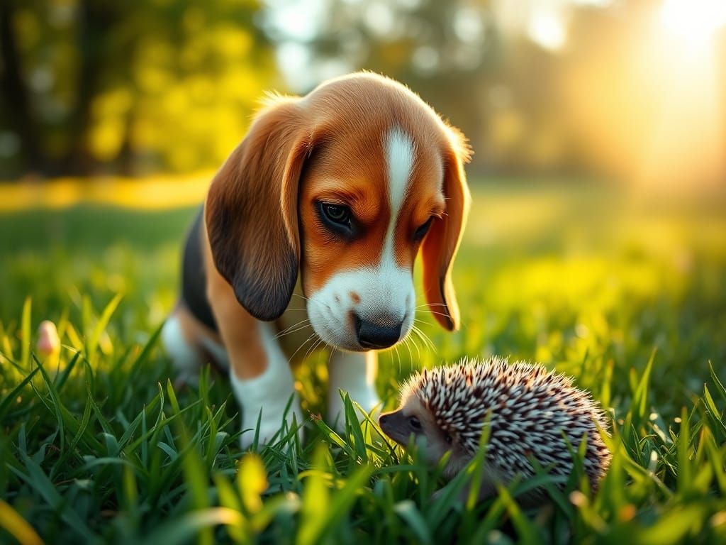 Cute Basset Hound Sniffing Hedgehog in Golden Hour Meadow
