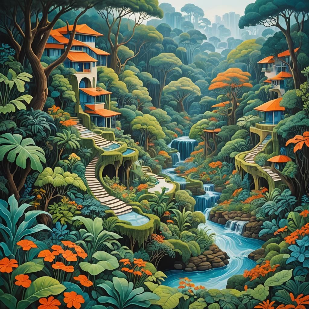 Surreal Landscape Painting with Blended Architecture