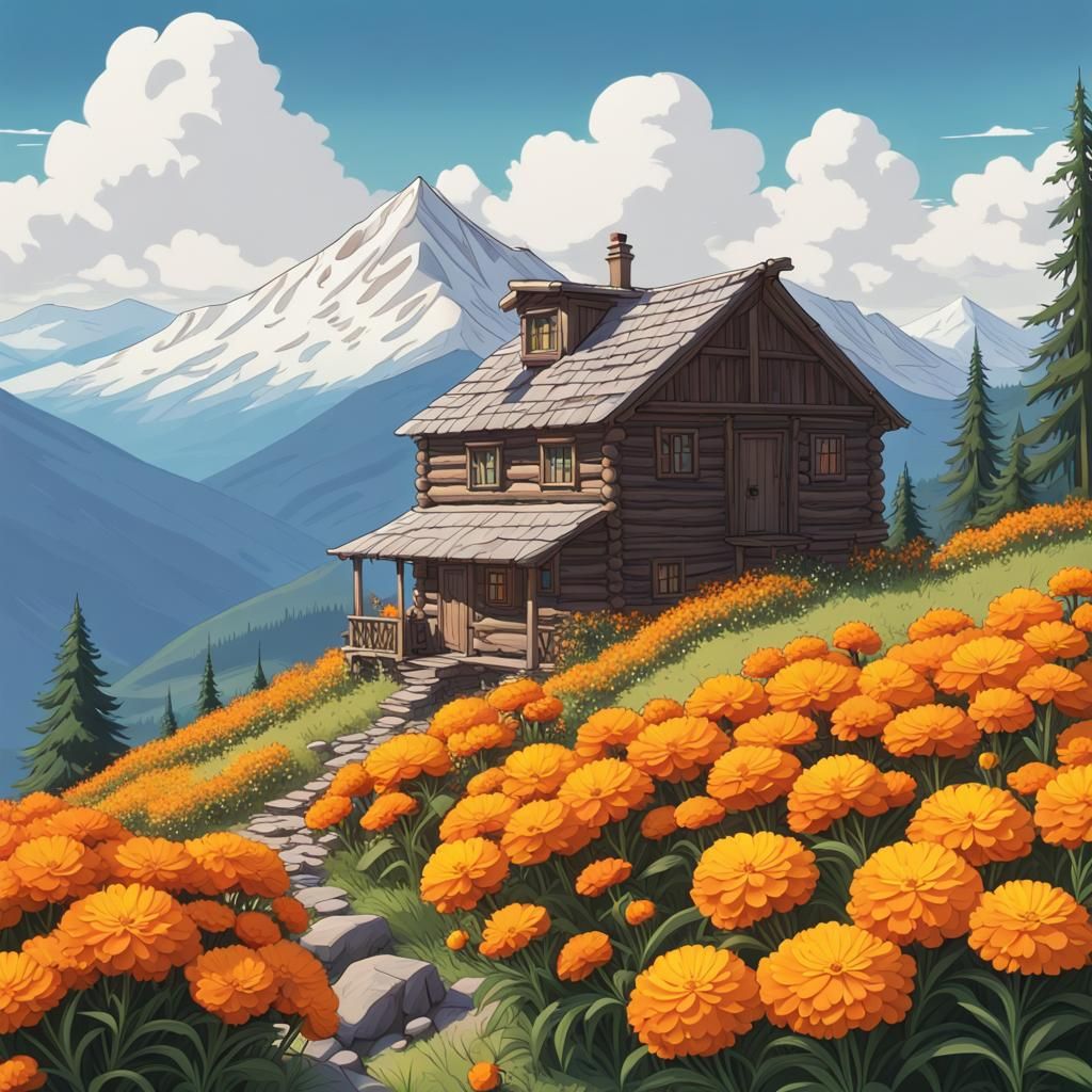 Cabin and Marigolds in Ghibli Mountain Landscape