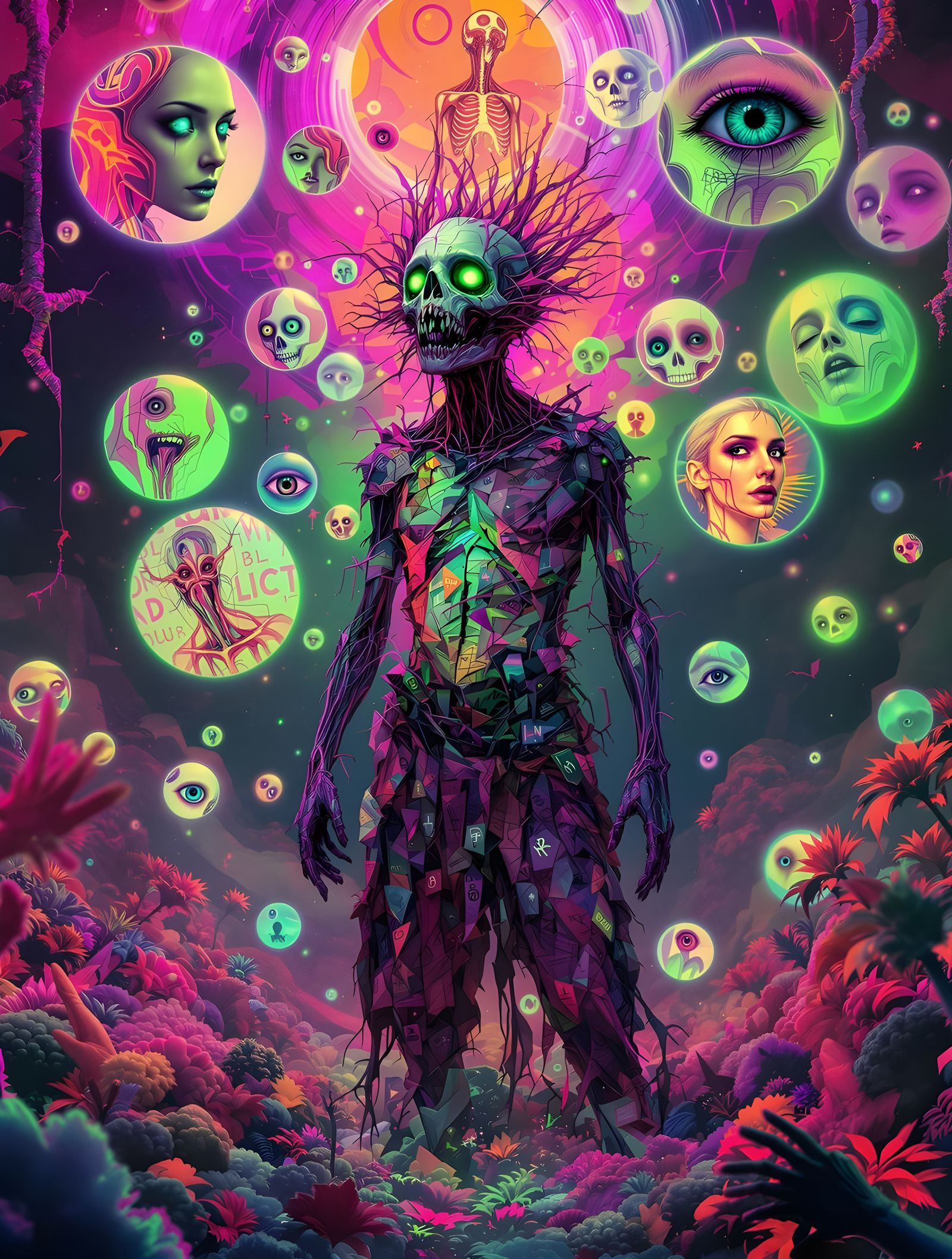Grotesque Neon Humanoid in Surreal Digital Collage
