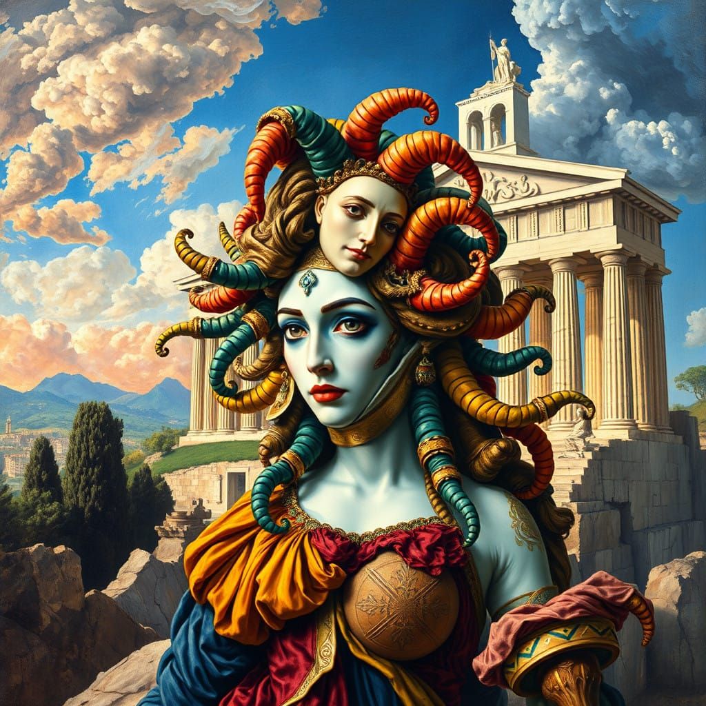 Elegant Medusa in Baroque Style with Acropolis Landscape