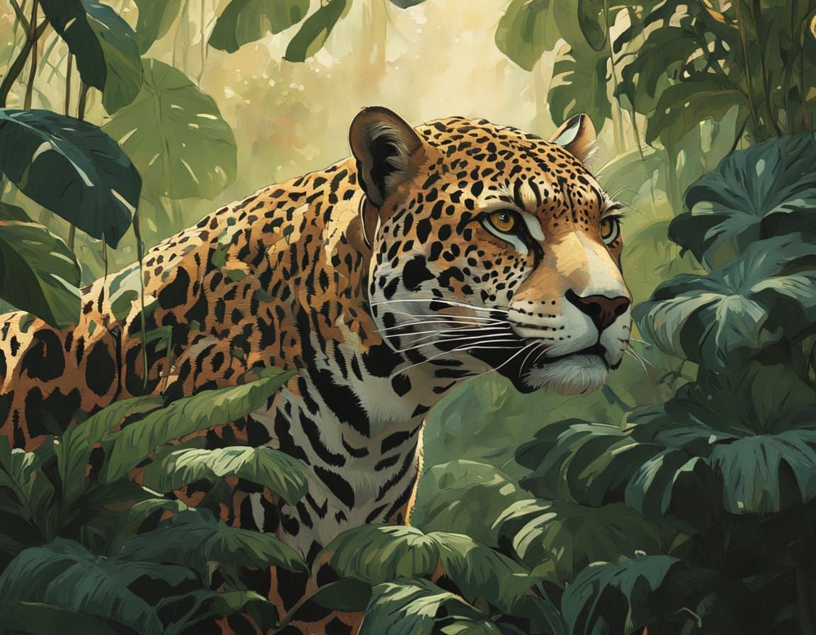 Hyperrealistic Jaguar Portrait in Jungle Landscape