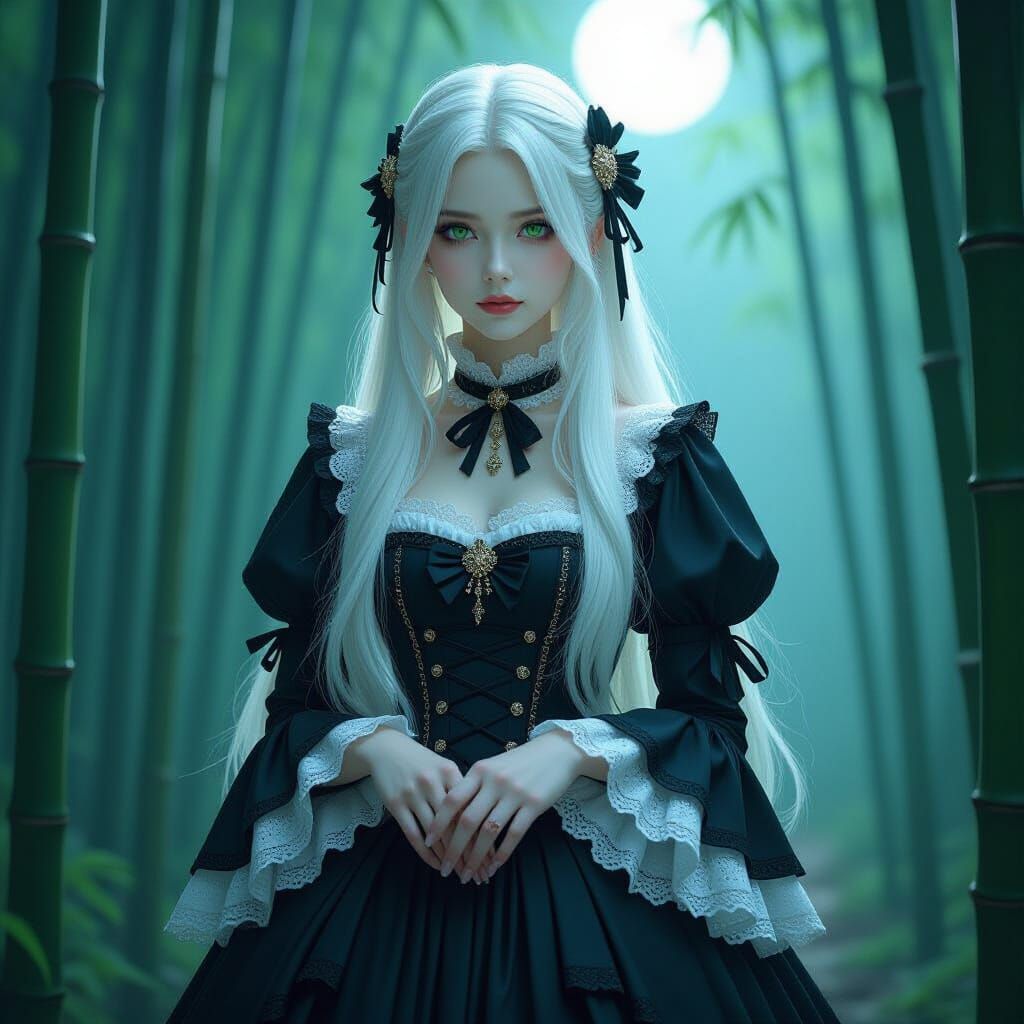 Gothic Lolita in Moonlit Bamboo Forest, Hyperrealistic Impas...