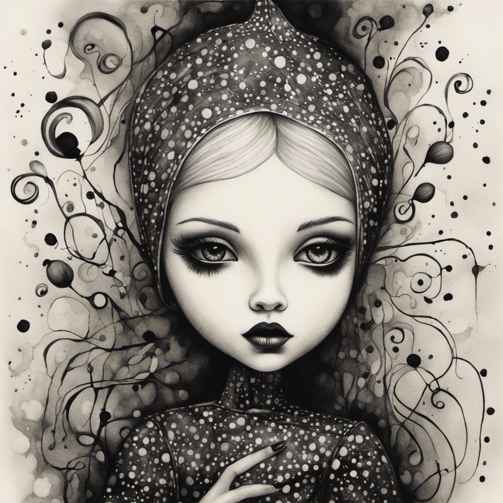 Doll in Black and White Ink Splash Style