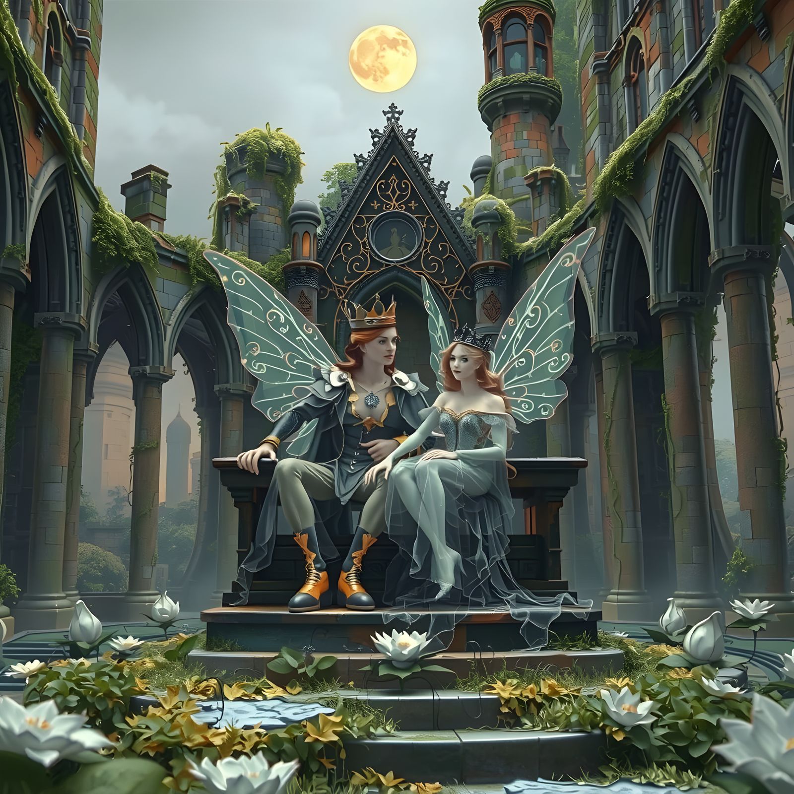Ethereal Fairy Monarchs in Ancient Castle Ruins