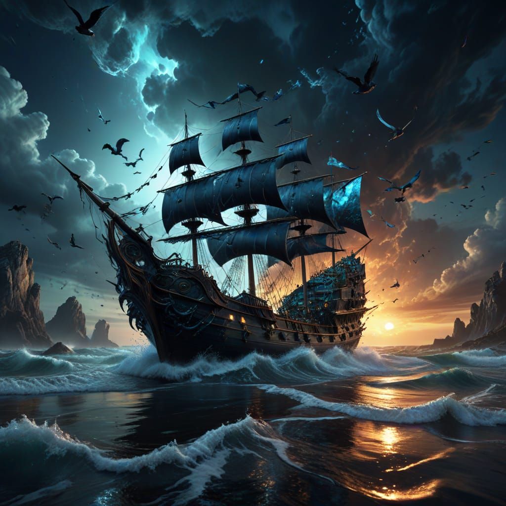 Glass Ship Navigates Cosmos in Surrealist Style