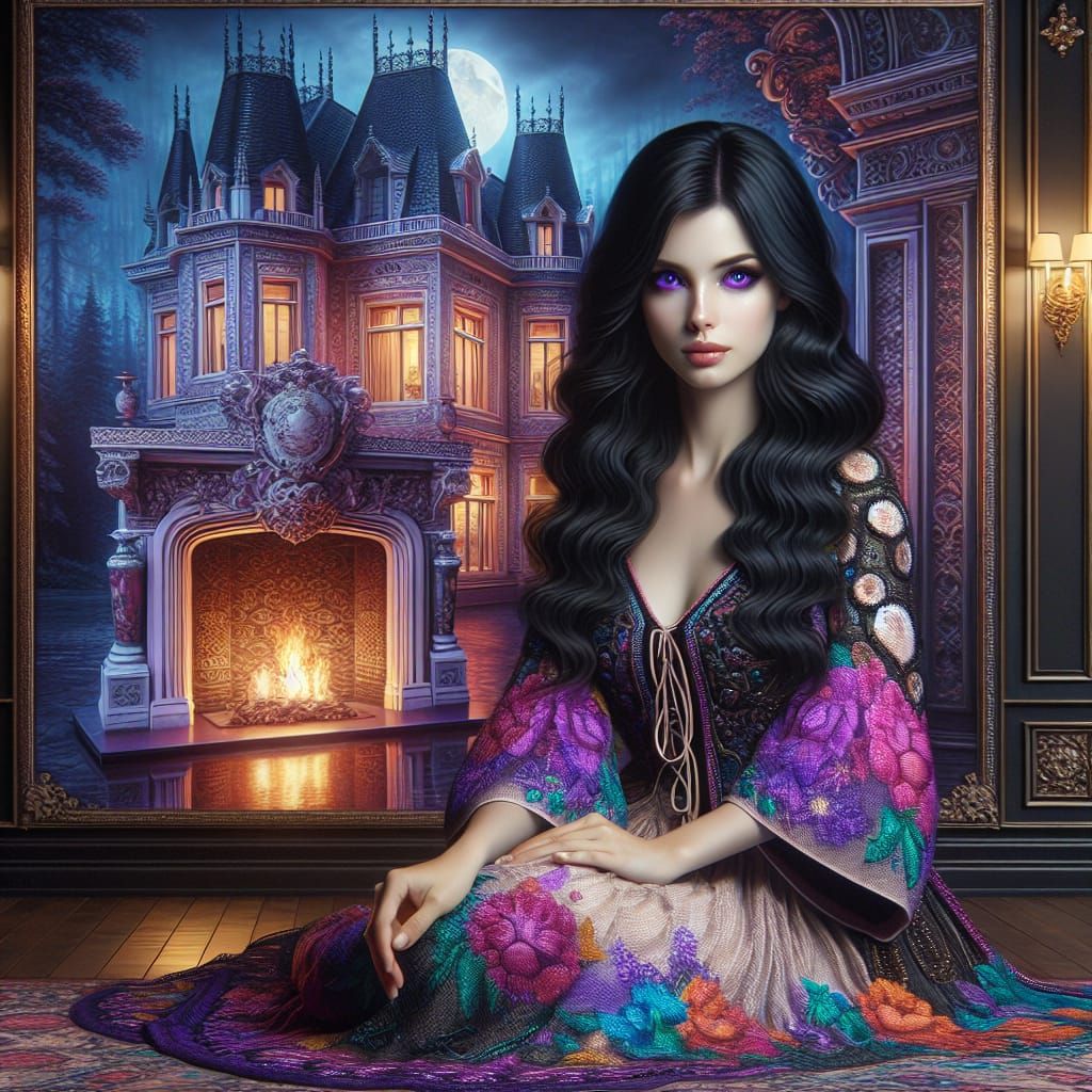 Woman with Violet Eyes in Opulent Home, Matte Painting