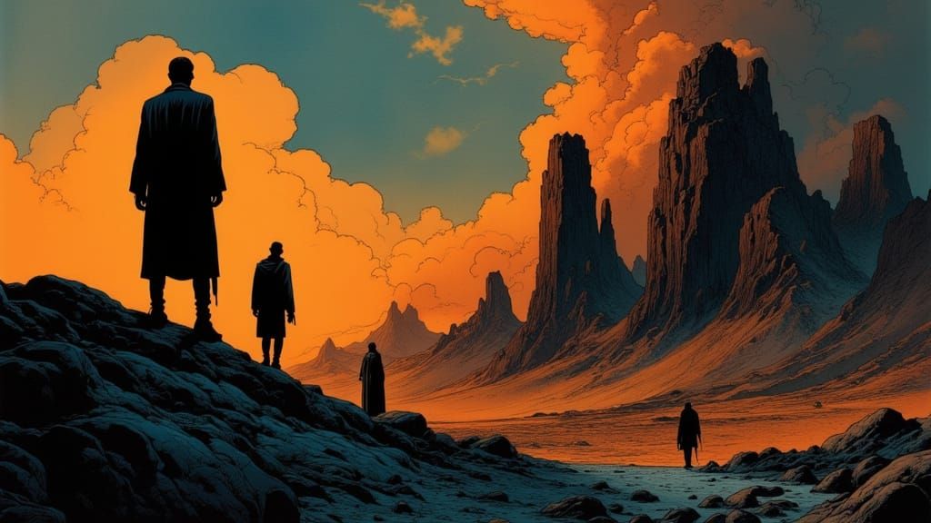 Figures Conceal From Colossal Shapes in Comic Art Style