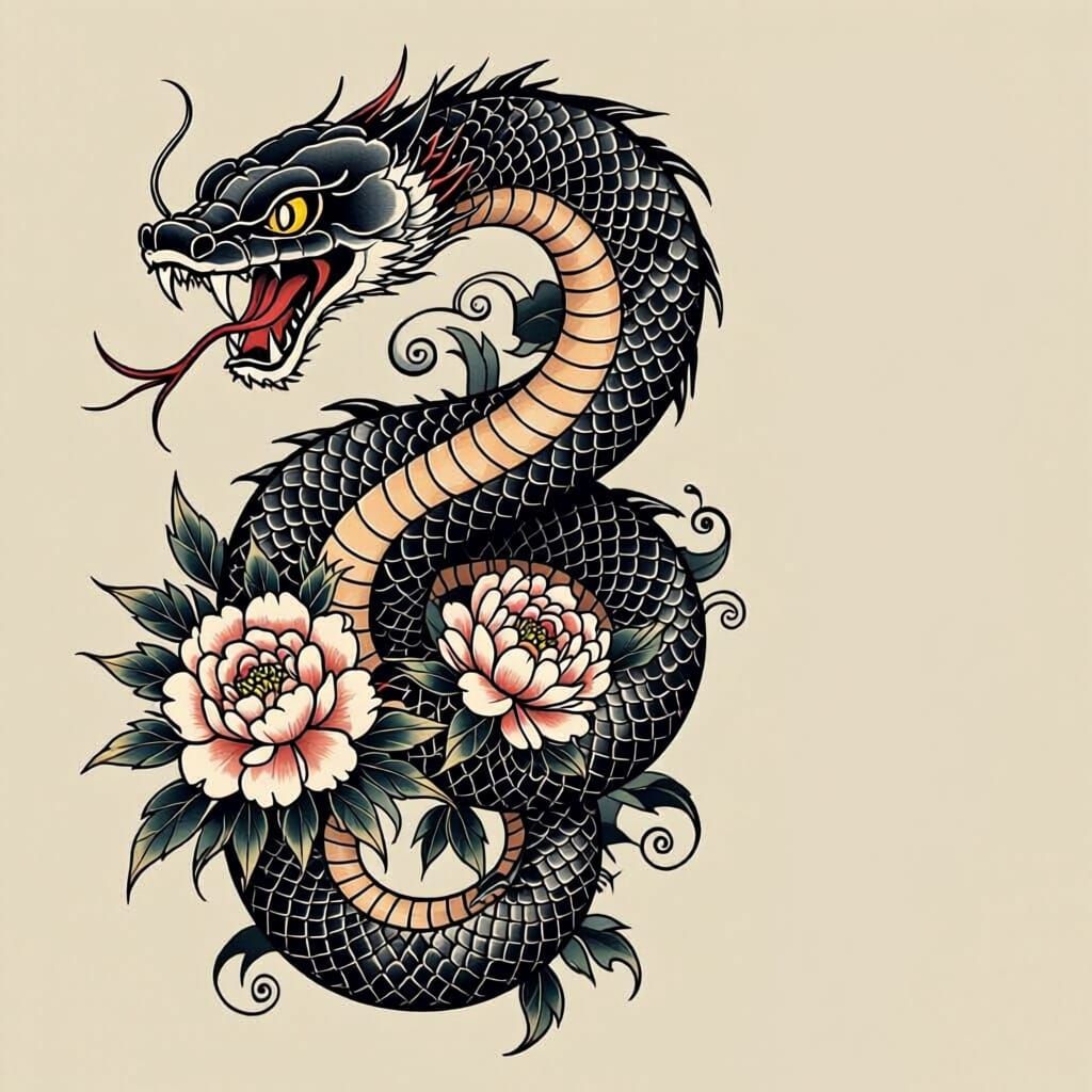 Japanese Tattoo Snake Sleeve Design with Peony