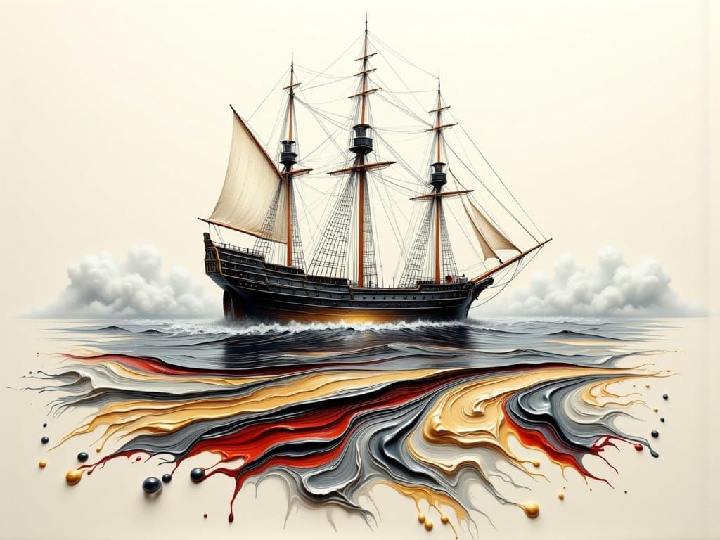 Surreal Sailing Ship in Flowing Paint