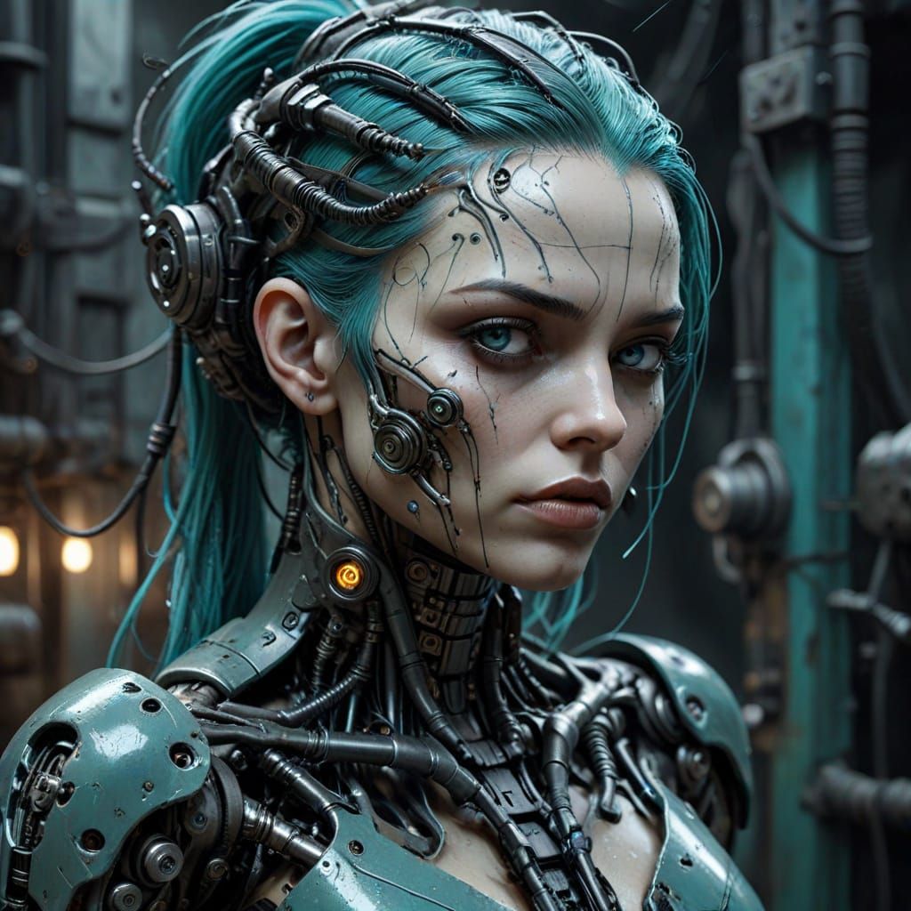 Cyborg with Teal Hair in Cyberpunk Illustration