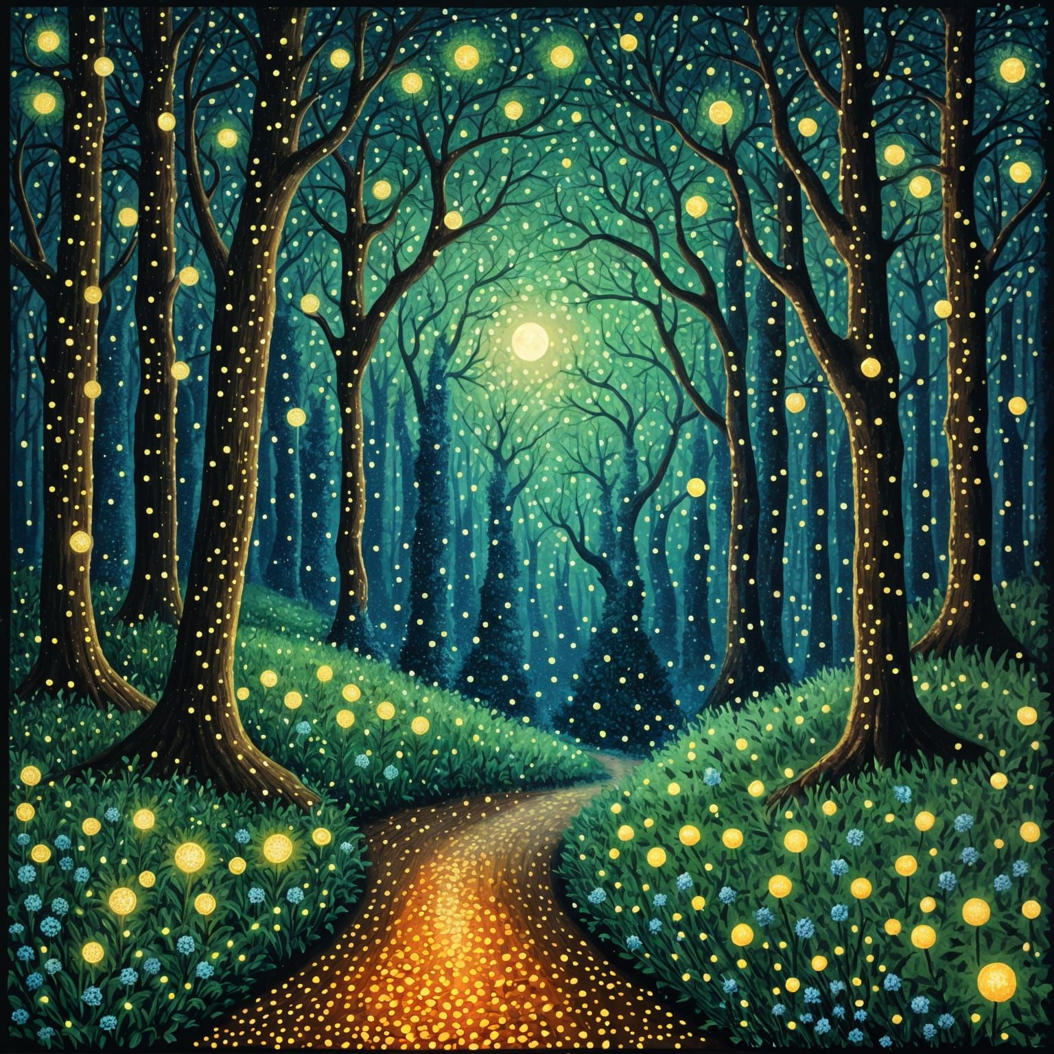 Enchanted Forest Scene in Pointillism Style