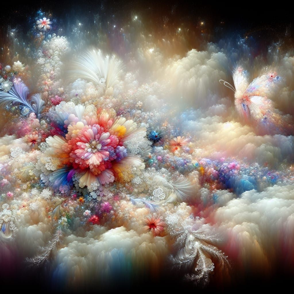 Ethereal Floral Realm with Delicate Lace and Feathered Butte...