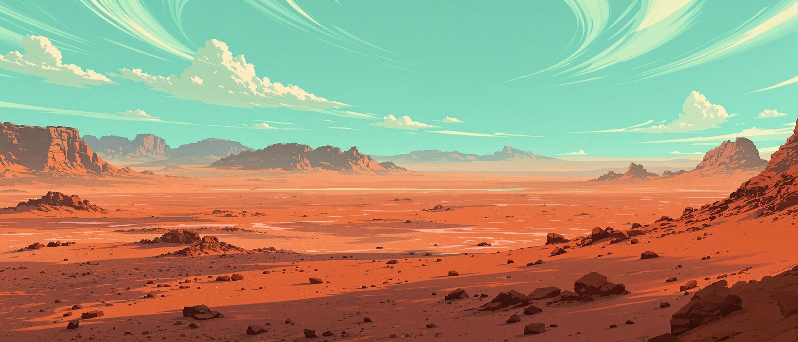 Mars with Aqua Sky in Retrofuturistic Style