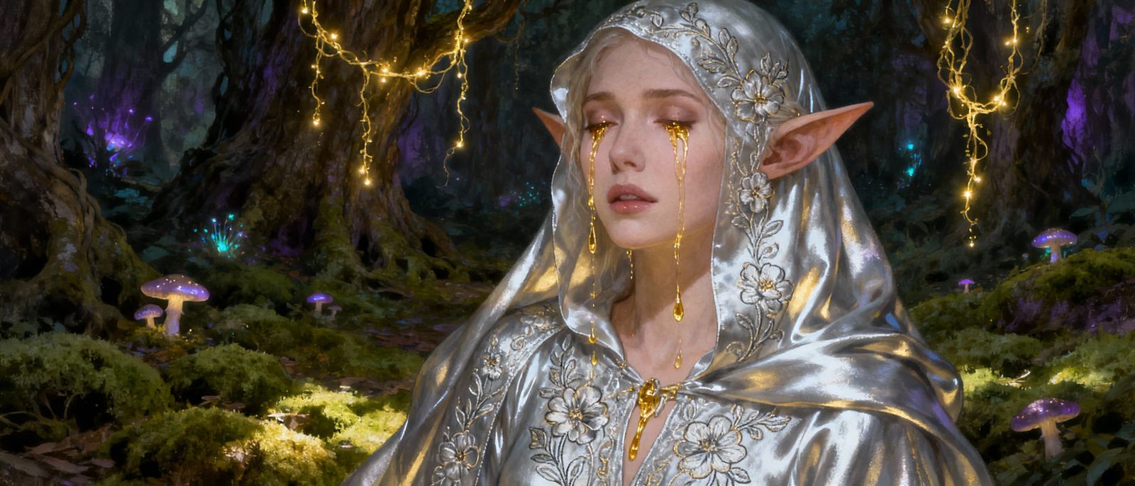 Elven Woman Cries Golden Tears in Mystical Forest