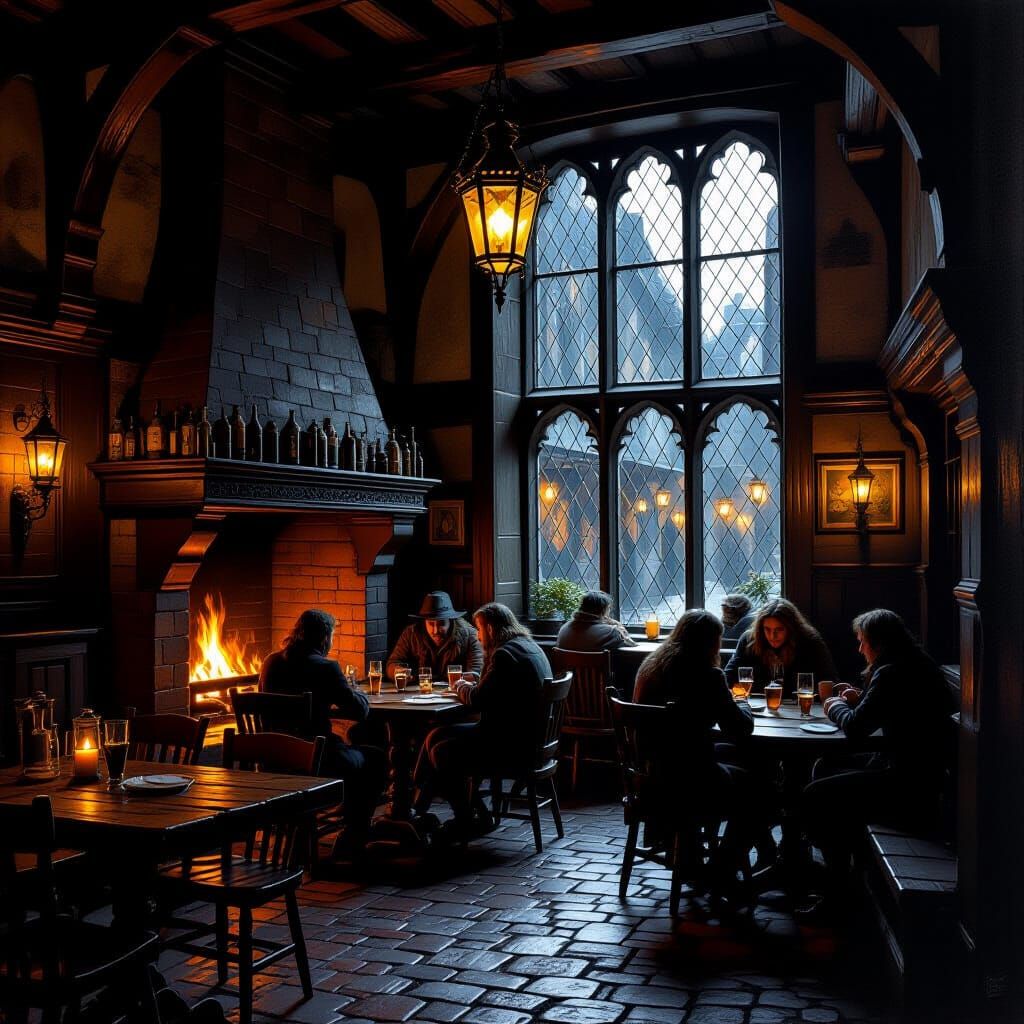 Cozy Tavern Interior by Firelight in Dutch Golden Age Style