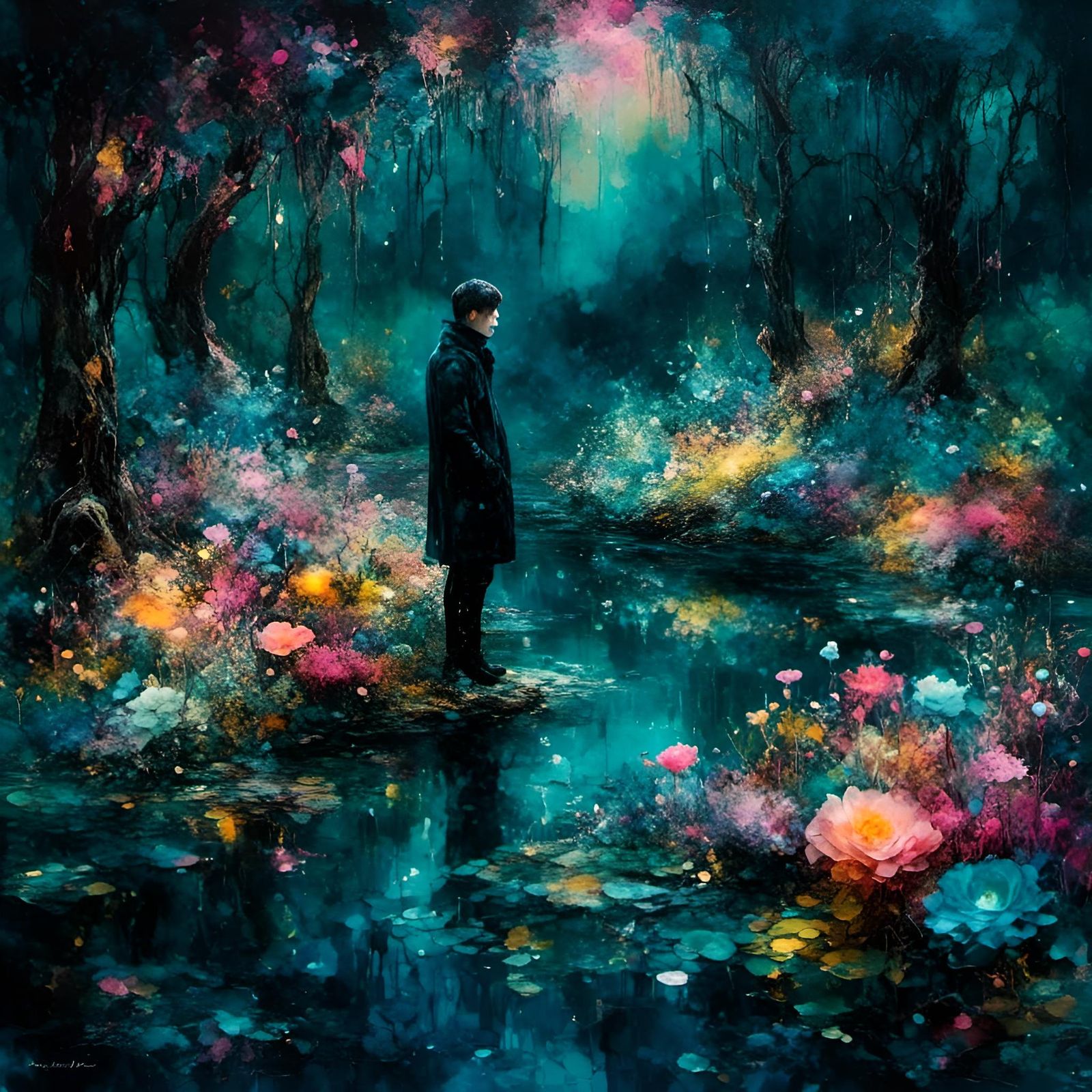 Moody Midnight Garden in Dreamy Chiaroscuro Style