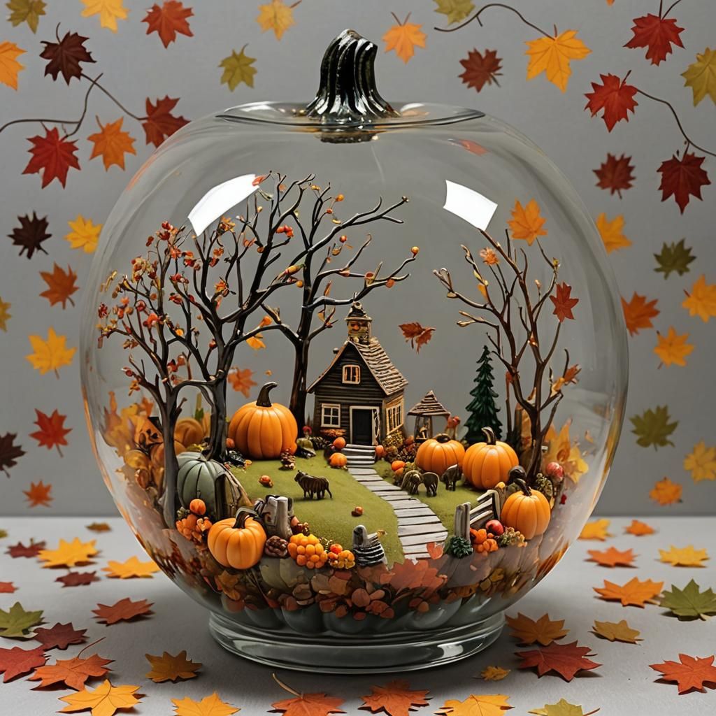 Autumn Scene Inside a Glass Pumpkin