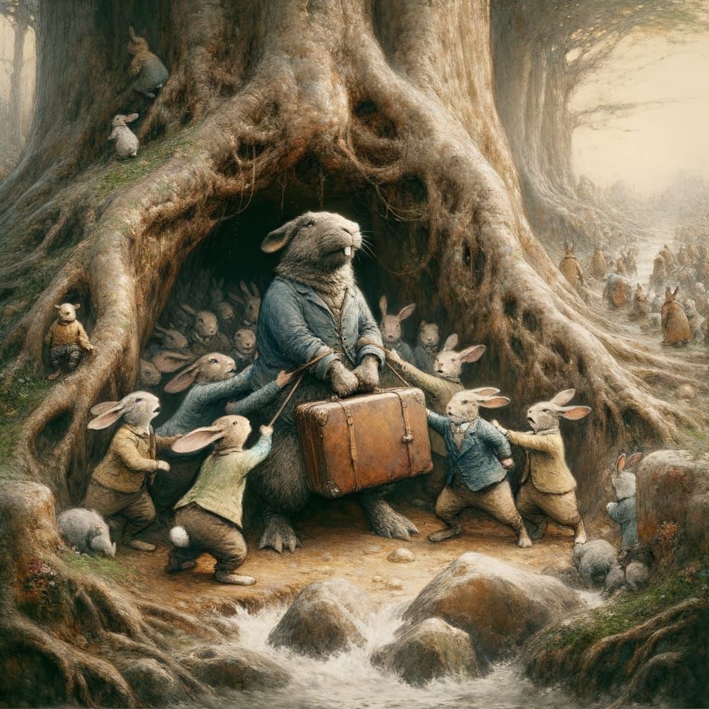 Rabbits Pushing Hippo in Burrow, Impasto Gouache Painting