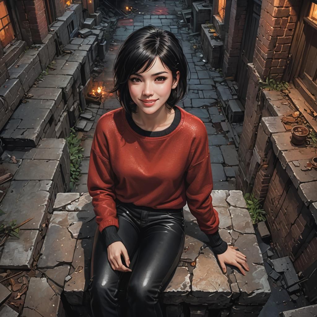 Girl with Black Hair Sitting in Ruins at Night