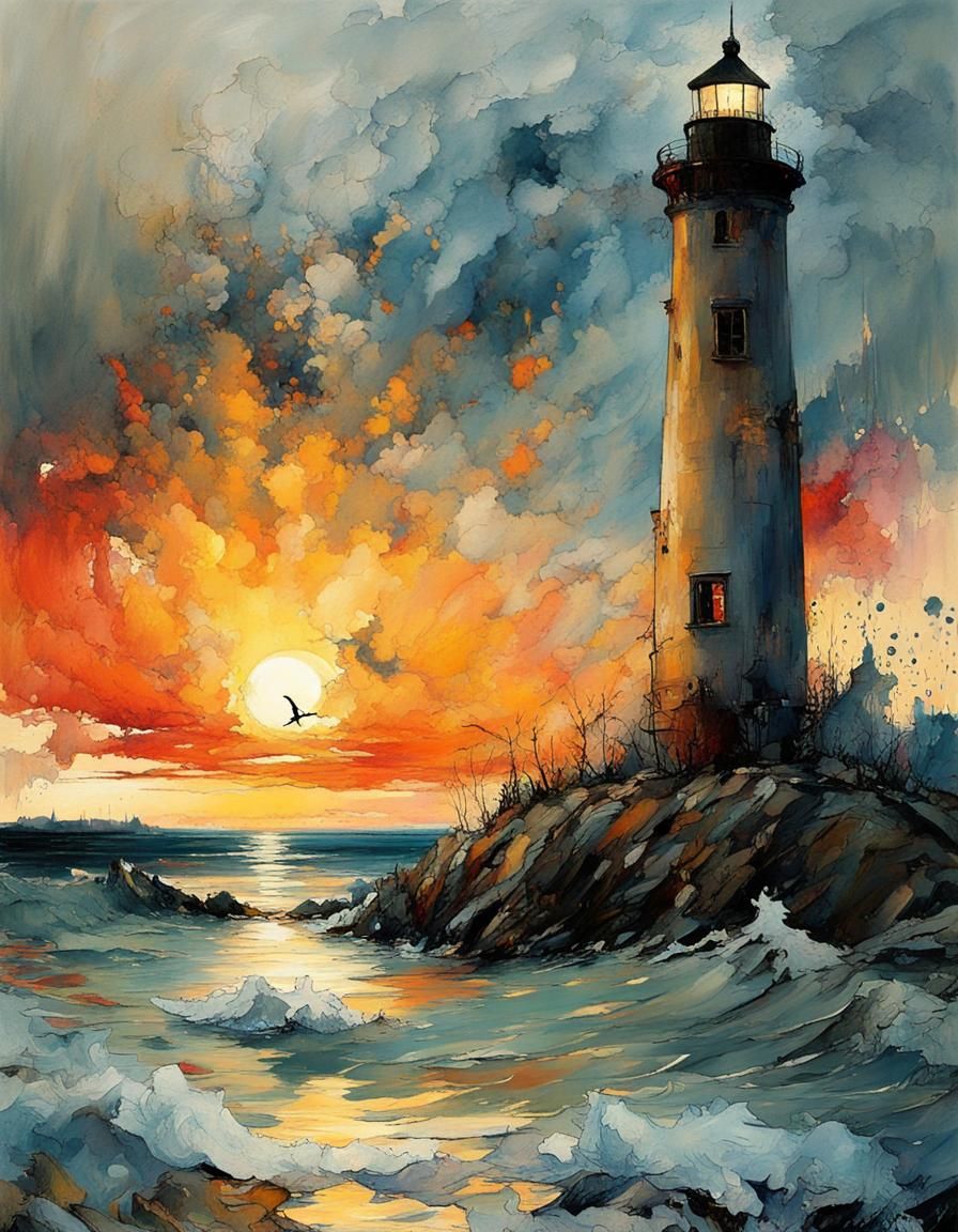 Lighthouse in Storm at Sunset: Marbling and Oil Painting