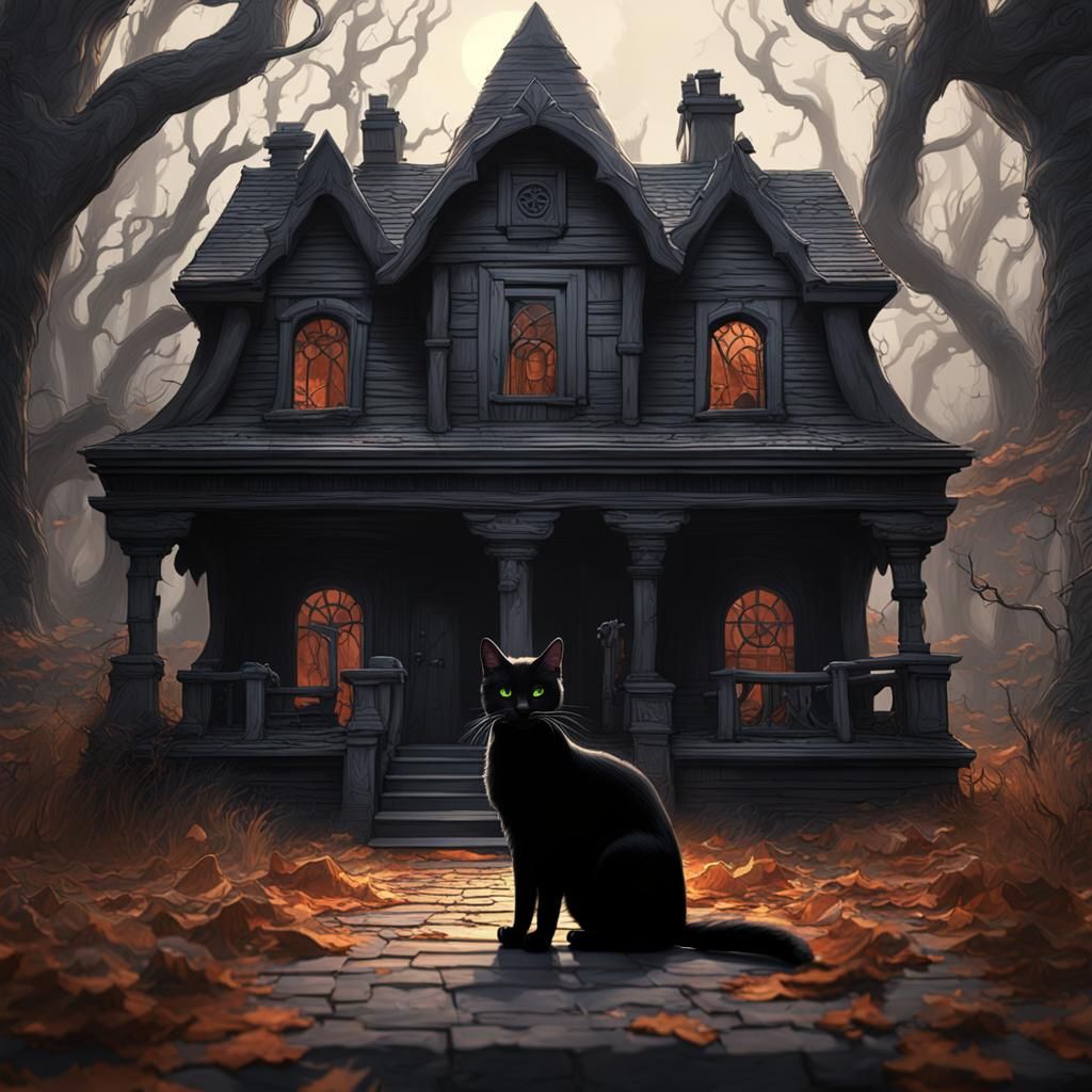 Sinister Black Cat in Witch's House: 3D CGI