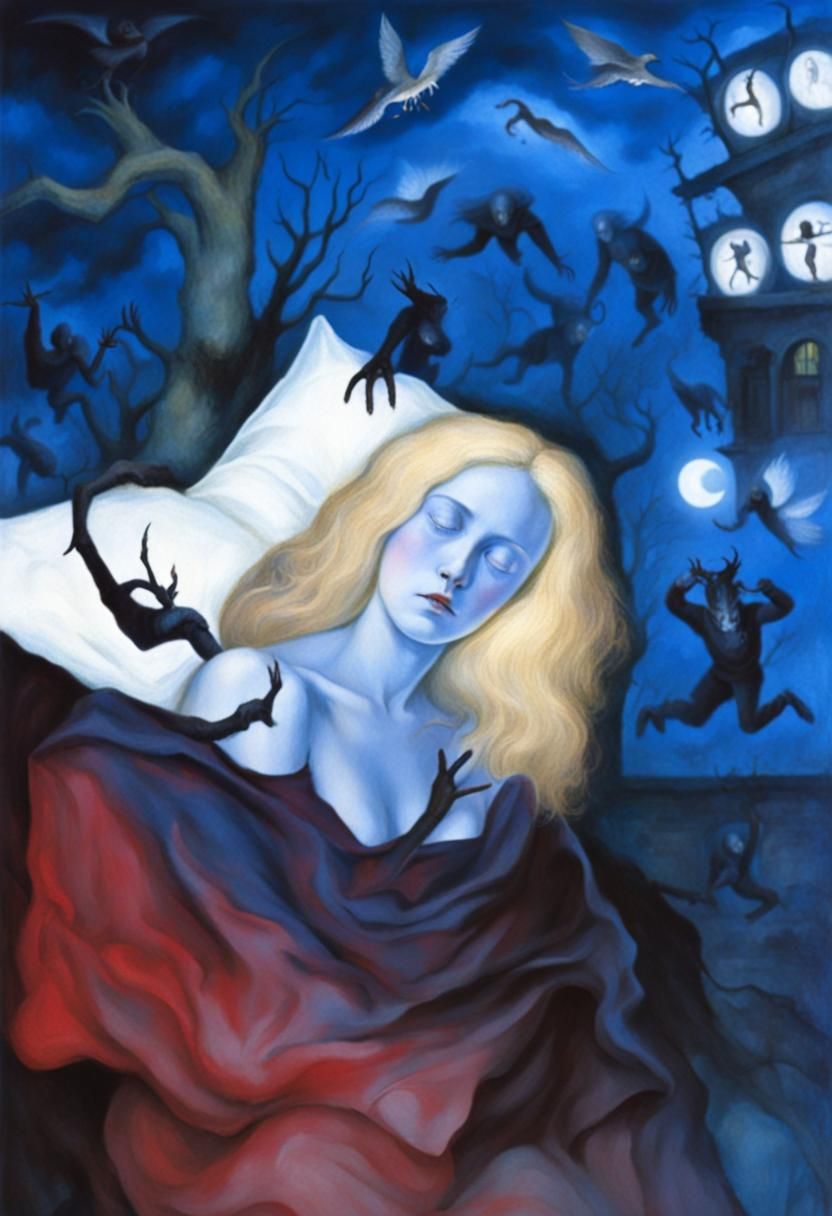 Night Horrors Hunt Sleeping Man: Naive Art Style