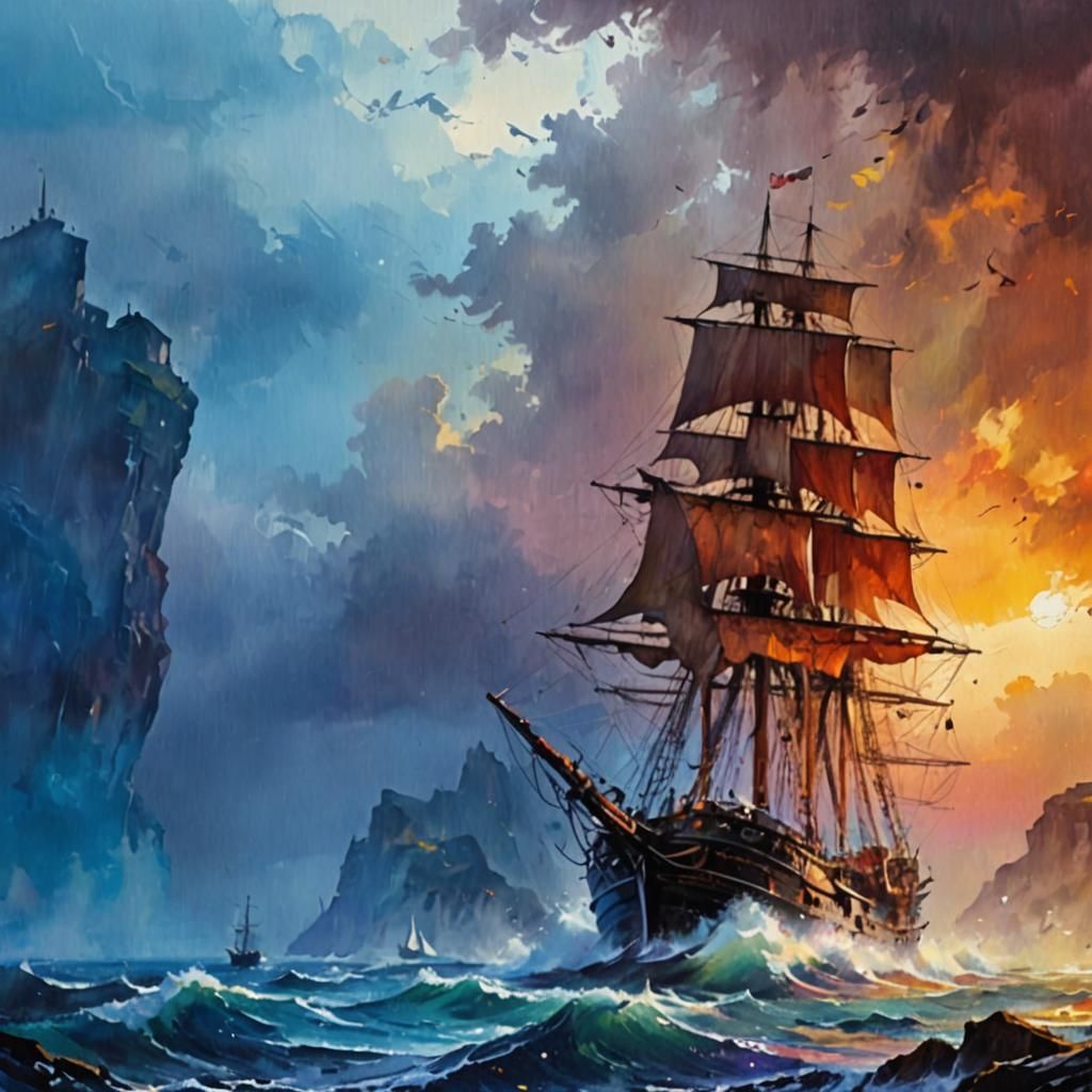 Galleon sailing ship rough sea coastal village background by Thomas Wells Schaller, Leonid Afremov, Carne Griffiths, Rus...