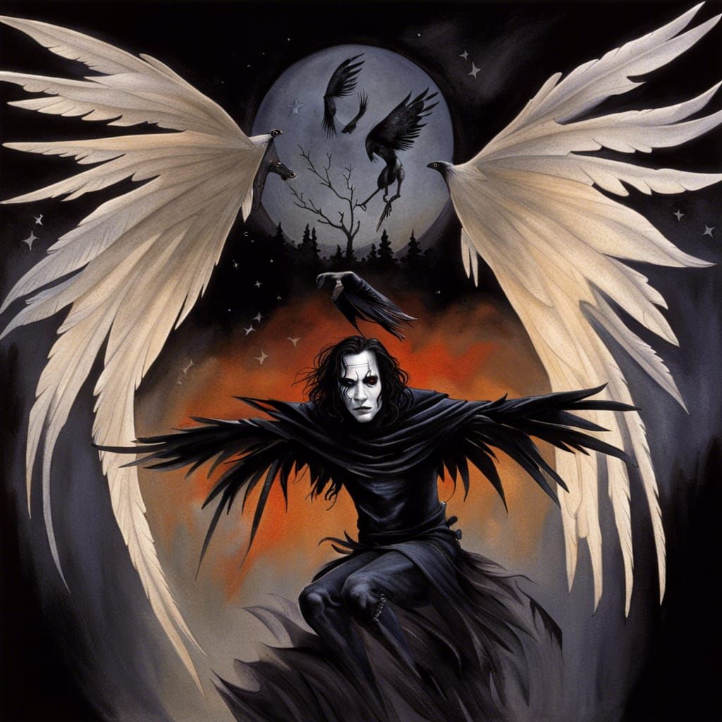 The Crow, Eric Draven  with crow wings in  flight, crow feather  Dreamscape, Tim Burton,Brian Froud