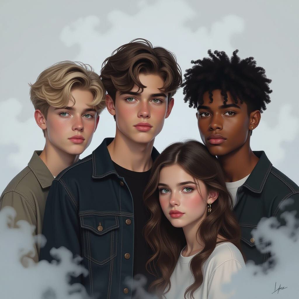 Ethereal Portrait of Four Teenagers in Fantasy Mist