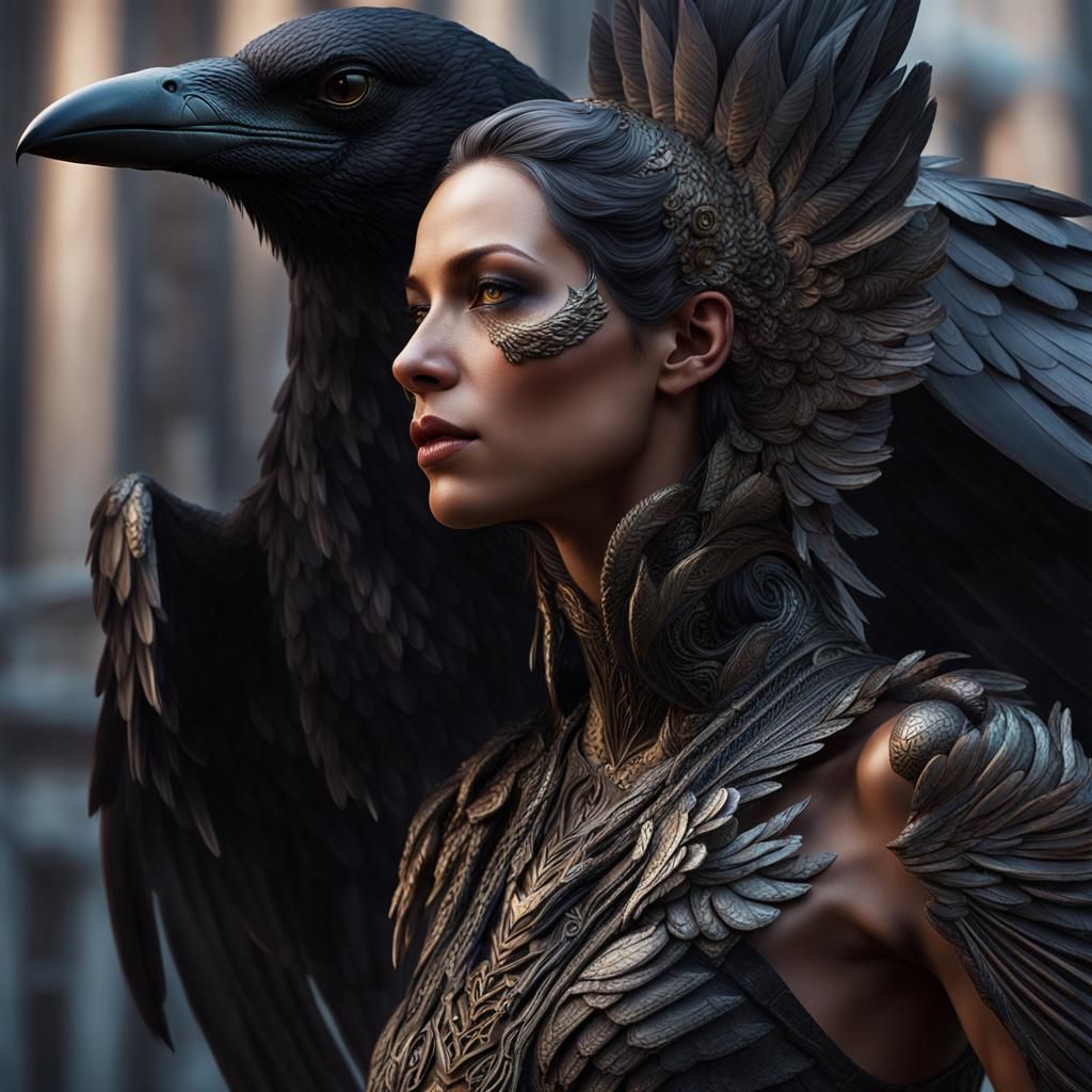Detailed Crow Harpy Woman Portrait