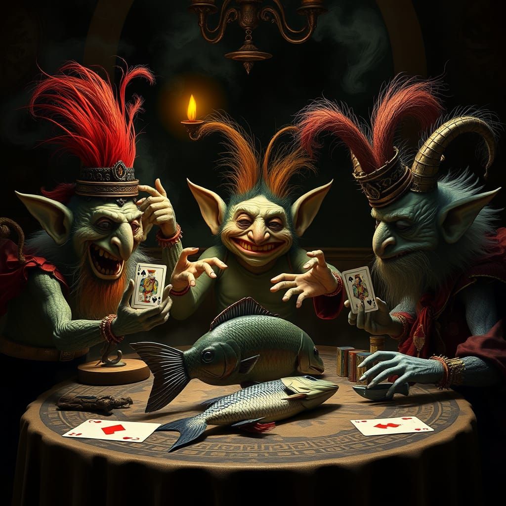 Trolls Playing Cards in a Surreal Dark Fantasy