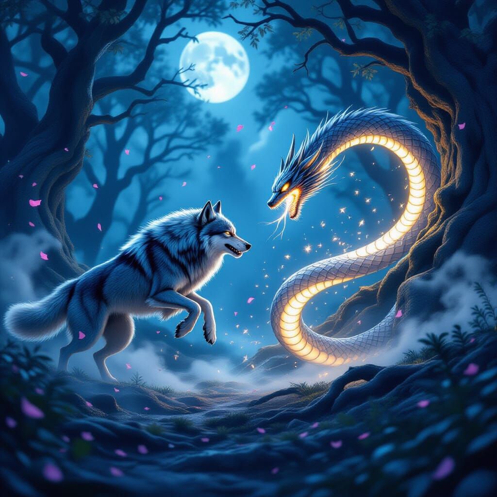Wolf Confronts Serpent in Enchanted Forest